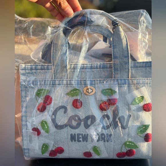 NWT Cherry Embroidered Denim Cargo Tote 26 In Original Packaging Cherries π - Picture 7 of 11
